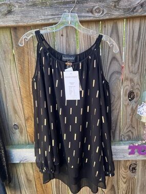 Frank Lyman Design Black Cold shoulder blouse with Gold Metallic Accents